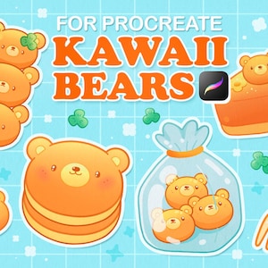 Puede incluir: Un conjunto de pegatinas digitales para Procreate con adorables osos kawaii en varias poses. Las pegatinas incluyen osos en un palo, osos en una bolsa, un oso en una tarta y una pila de panqueques con una cara de oso. El texto "FOR PROCREATE KAWAII BEARS PART 2" es visible en la imagen.