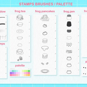 May include: A digital illustration of frog-themed stamps, brushes, and patterns. The image includes a palette of colors, line and shadow examples, and a grid background pattern. The stamps feature frogs drinking tea, eating pancakes, and enjoying jam. The brushes include various frog faces and patterns.