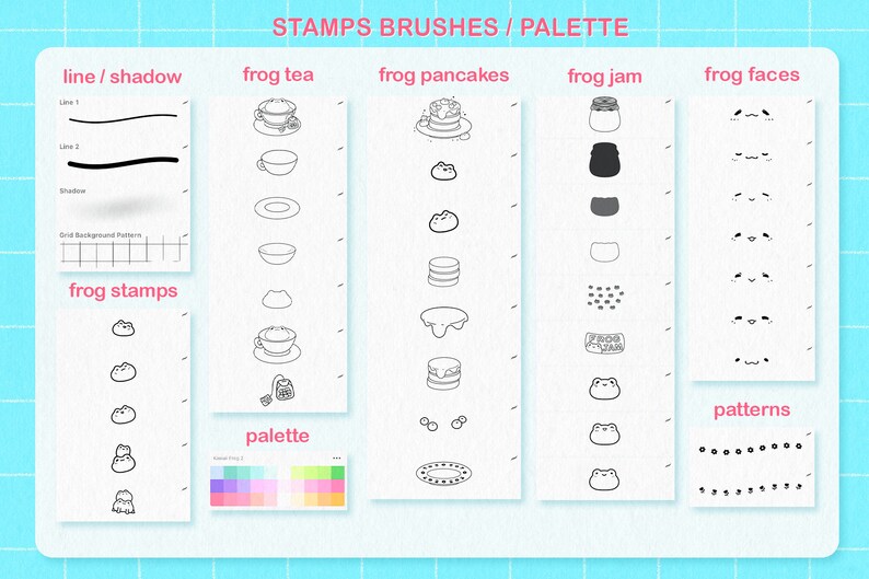 May include: A digital illustration of frog-themed stamps, brushes, and patterns. The image includes a palette of colors, line and shadow examples, and a grid background pattern. The stamps feature frogs drinking tea, eating pancakes, and enjoying jam. The brushes include various frog faces and patterns.