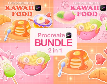 May include: A digital art bundle for Procreate featuring kawaii food illustrations. The image includes pancakes, ramen, and other cute food items. The text says "KAWAII FOOD" and "BUNDLE 2 in 1".