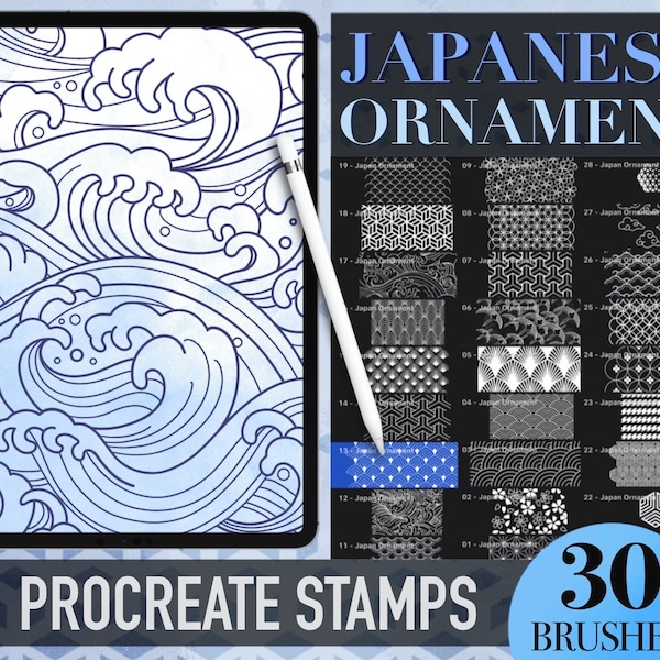 30 Timbri per tatuaggi con ornamenti giapponesi Procreate, Pennelli Procreate Tattoo, Procreate Tattoo Japan, Timbri per tatuaggi per iPad, Stampe