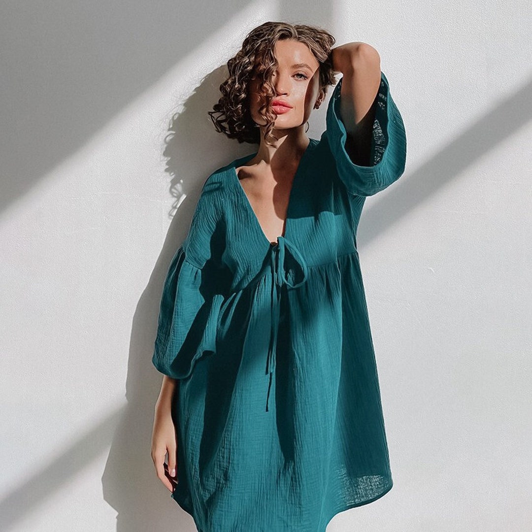 Teal Nightgown Sexy Deep Vneck Dress 100 Cotton Muslin Etsy