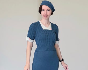 Custom 1930s Knitted Suit: Textured Jumper with Bow Ties and Decorative Buttons + Skirt + Beret