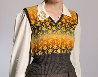 Custom 1940s-inspired Knitted Fair Isle Vest with Ivy Leaf Pattern against a Variegated Background