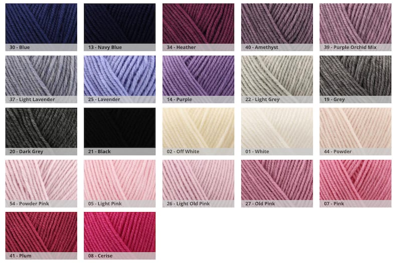 May include: A colour chart of yarn skeins in various shades. Colours include blue, navy blue, heather, amethyst, purple orchid mix, light lavender, lavender, purple, light grey, grey, dark grey, black, off white, white, powder pink, light pink, light old pink, old pink, pink, plum, and cerise.