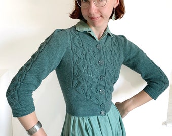 Custom 1940s Cardigan with Ginkgo Leaf Lace and Puff Shoulders