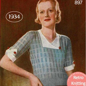 May include: A vintage knitting pattern from 1934, showing a woman in a blue and white patterned sweater with short sleeves and red button details. The sweater has a white collar and is designed to fit a 86-89 cm bust. The image includes the text "Retro Knitting".