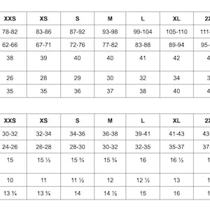 May include: A clothing size chart displaying measurements in centimetres and inches. It details chest, waist, shoulder, and bicep circumferences, and shoulder width, for sizes XXS to 4XL. Useful for apparel.