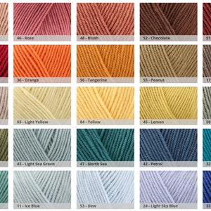 May include: A colour chart of yarn skeins in a variety of shades, including red, orange, yellow, green, blue, and neutral tones. Each colour is labelled with a number and a descriptive name, such as "Desert Rose," "Orange," and "Electric Blue."