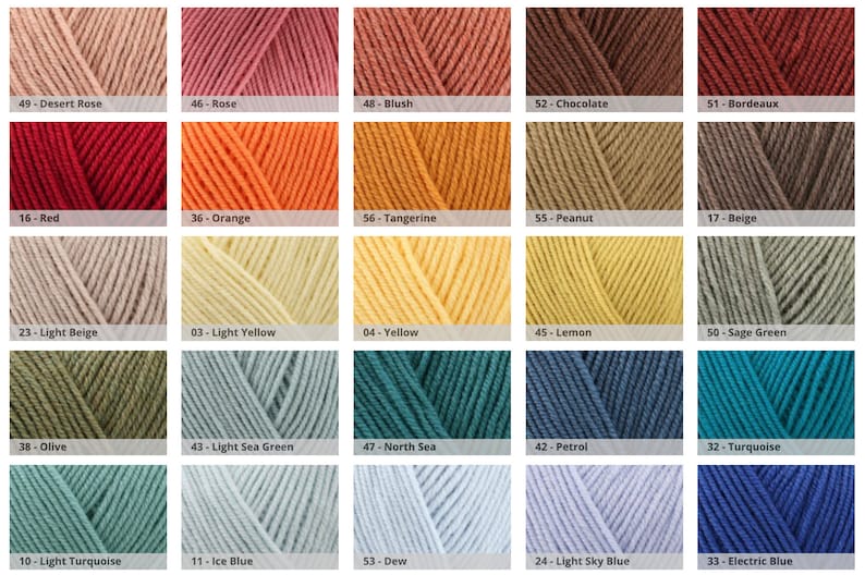 May include: A colour chart of yarn skeins in a variety of shades, including red, orange, yellow, green, blue, and neutral tones. Each colour is labelled with a number and a descriptive name, such as "Desert Rose," "Orange," and "Electric Blue."