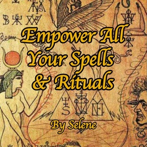 Könnte beinhalten: Ein Bild im Vintage-Stil mit gelbem Hintergrund und goldenem Text, der "Empower All Your Spells & Rituals By Selene" lautet. Das Bild zeigt eine Frau mit einer Krone und eine geflügelte Kreatur mit einem Löwenkopf.