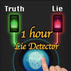 Puede incluir: Un botón azul con un gráfico de huella digital y el texto "1 hora Detector de mentiras" en amarillo. El botón está rodeado por un círculo negro. Hay dos interruptores, uno verde y uno rojo, con las palabras "Verdad" y "Mentira" encima.