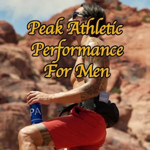 Puede incluir: Un hombre con pantalones cortos rojos y un cinturón negro con una botella de agua azul y blanca en la mano. El texto "Peak Athletic Performance For Men" está superpuesto a la imagen.