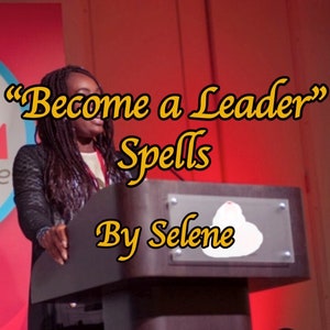 May include: A woman standing at a podium speaking at a conference. The text on the podium reads "Become a Leader" Spells By Selene.