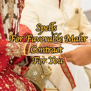 May include: A couple signs a marriage contract. The text reads "Spells For Favorable Mahr Contract For You".