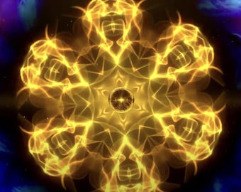 May include: A golden mandala with a central orb surrounded by intricate, swirling patterns. The mandala is set against a dark background with scattered stars.