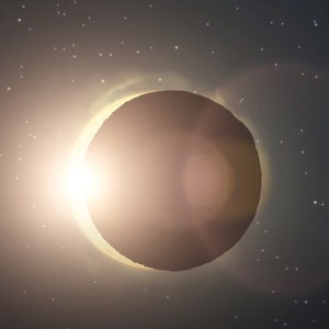 May include: A solar eclipse with the moon blocking the sun, creating a ring of light around the moon. The image is taken from space and shows the vastness of the universe.