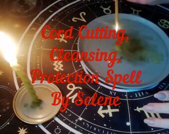 May include: A close-up of a cord cutting, cleansing, and protection spell being performed on a black background with a zodiac wheel. Two candles are burning, one in a glass jar and one in a metal container. The text "Cord Cutting, Cleansing, Protection Spell By Selene" is written in red.