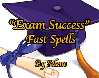 May include: A purple graduation cap with a gold tassel and a rolled up diploma with a blue ribbon. The text "Exam Success" and "Fast Spells" is written in gold letters. The text "By Selene" is written in gold letters below the diploma.