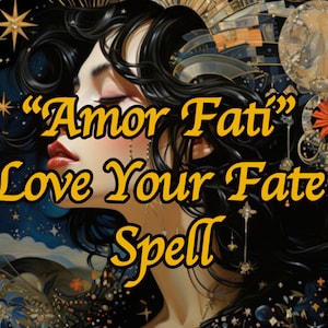 Puede incluir: Una ilustración digital de una mujer con cabello negro largo y ojos cerrados. El fondo es azul oscuro con estrellas doradas y una cita en texto amarillo que dice "Amor Fati" Ama tu destino Hechizo.