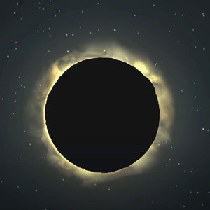 May include: A total solar eclipse with the sun's corona visible as a bright ring around the dark silhouette of the moon.