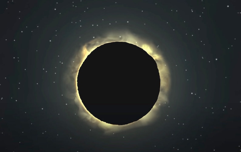 May include: A total solar eclipse with the sun's corona visible as a bright ring around the dark silhouette of the moon.