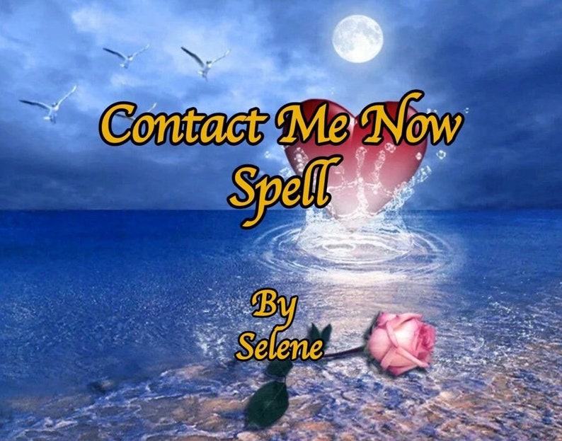 Może przedstawiać: Czerwone serce tonie w wodzie oceanu, tworząc fale. Słowa "Contact Me Now Spell" są napisane ż&oacute;łtym kolorem nad sercem. Słowa "By Selene" są napisane ż&oacute;łtym kolorem pod sercem. R&oacute;żowa r&oacute;ża z zielonymi liśćmi leży na piaszczystej plaży.