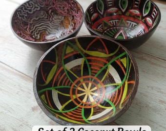 Hand-Painted Coconut Bowl Set of 3 | UV Glow Bowls | Handcrafted Eco-friendly