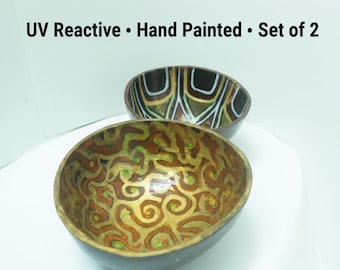 Hand-Painted Coconut Shell Bowl Set of 2 | UV Reactive Glow