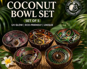 Hand-Painted Coconut Bowl Set of 5 | UV Reactive Glow