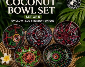 Coconut Shell Bowl Set of 5| Hand Painted Coconut  | UV Glow