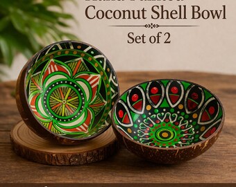 Hand-Painted Coconut Shell Bowl Set of 2 | UV Reactive Glow Art Bowl