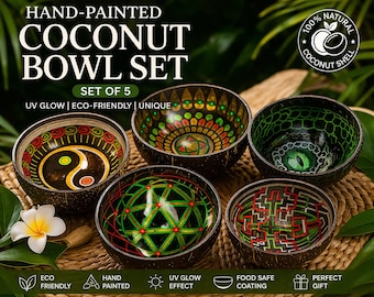 Hand-Painted Coconut Bowl Set of 5 | UV Glow Bowls | Eco Friendly Kitchen Decor