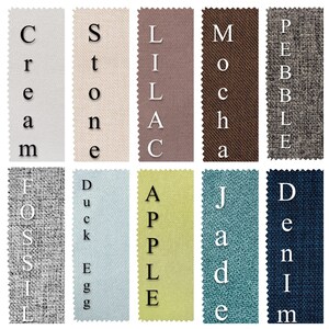 May include: A fabric swatch card with ten different fabric samples. The swatches are labelled with the following words: Cream, Stone, Lilac, Mocha, Pebble, Fossil, Duck Egg, Apple, Jade, Denim.
