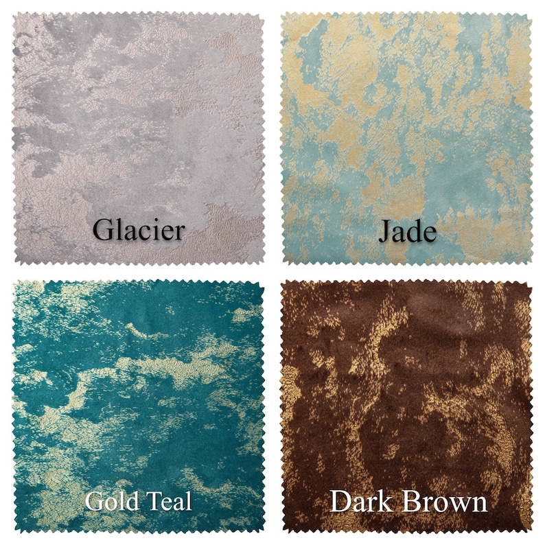 May include: Four fabric swatches with different textures and colours. The swatches are labelled "Glacier", "Jade", "Gold Teal", and "Dark Brown".
