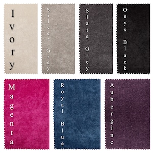 May include: A fabric swatch card with ten different colours of fabric. The colours are Ivory, Silver Grey, Slate Grey, Onyx Black, Magenta, Royal Blue, Aubergine, and more.