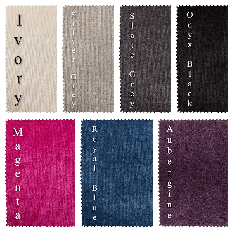 May include: A fabric swatch card with ten different colours of fabric. The colours are Ivory, Silver Grey, Slate Grey, Onyx Black, Magenta, Royal Blue, Aubergine, and more.