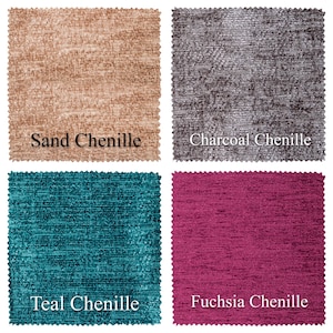 May include: Four fabric swatches in different colours: sand, charcoal, teal, and fuchsia. Each swatch has a textured chenille finish and the colour name is written below each swatch.