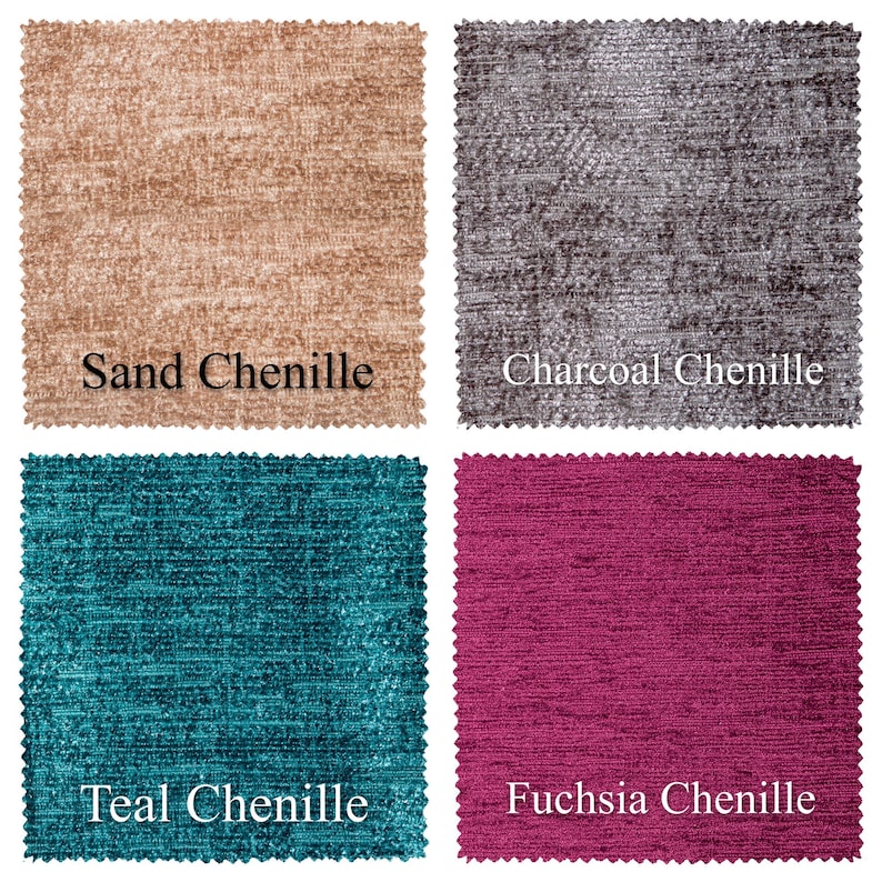May include: Four fabric swatches in different colours: sand, charcoal, teal, and fuchsia. Each swatch has a textured chenille finish and the colour name is written below each swatch.