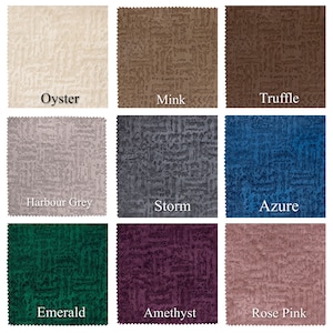 May include: Nine fabric swatches in different colours and textures. The swatches are labelled with the following names: Oyster, Mink, Truffle, Harbour Grey, Storm, Azure, Emerald, Amethyst, and Rose Pink.