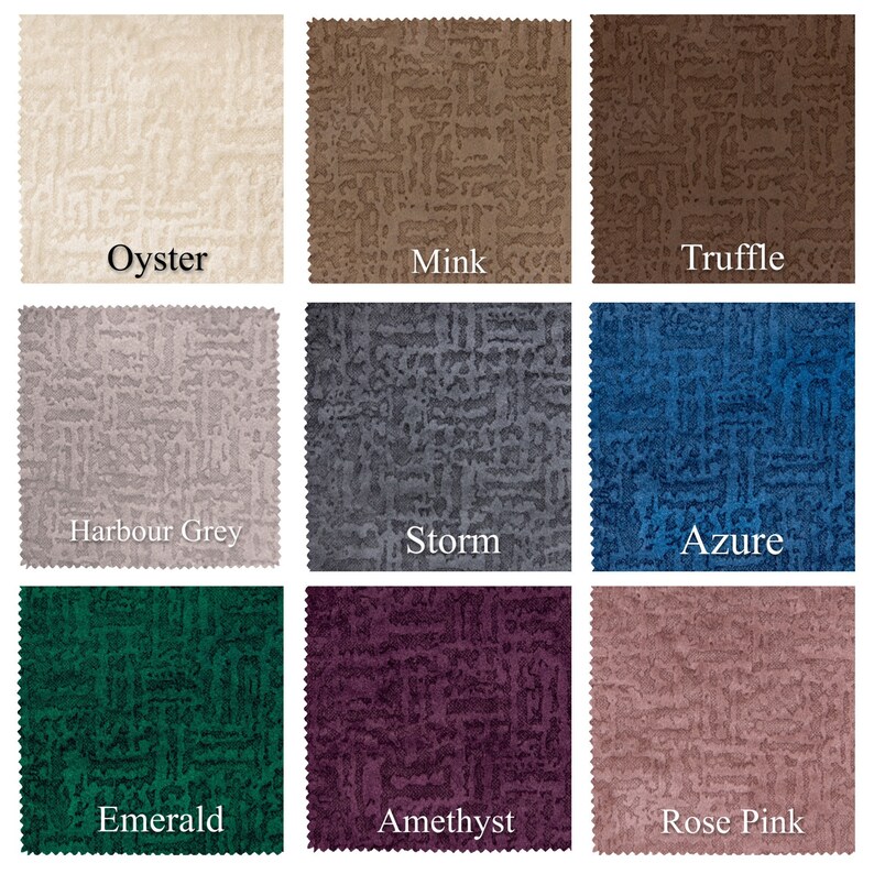 May include: Nine fabric swatches in different colours and textures. The swatches are labelled with the following names: Oyster, Mink, Truffle, Harbour Grey, Storm, Azure, Emerald, Amethyst, and Rose Pink.