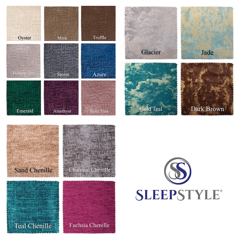 May include: A collection of fabric swatches in various colours and textures, including oyster, mink, truffle, glacier, jade, harbour grey, storm, azure, emerald, amethyst, rose pink, gold teal, dark brown, sand chenille, charcoal chenille, teal chenille, and fuchsia chenille. The swatches are arranged in a grid pattern and labelled with their respective names. The SleepStyle logo is displayed in the bottom right corner.