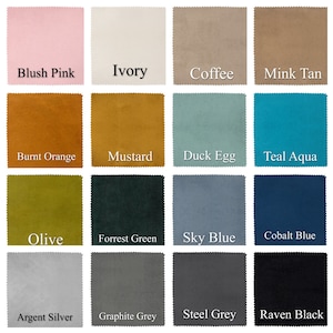 May include: A colour chart displaying 16 different fabric swatches. The swatches are arranged in a 4x4 grid. The colours include blush pink, ivory, coffee, mink tan, burnt orange, mustard, duck egg, teal aqua, olive, forrest green, sky blue, cobalt blue, argent silver, graphite grey, steel grey, and raven black.