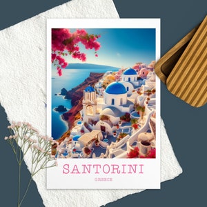 Carte postale de Santorin, impression de voyage en Grèce, art de voyage de Santorin, carte postale de pays, cadeau pour un ami, art mural, carte de voyage de vacances