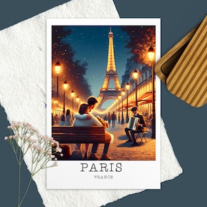 Cartolina di coppia parigina, cartolina di Parigi, stampa di Parigi, Francia, amante della Torre Eiffel, arte della Torre Eiffel, arte murale francese, carta regalo di coppia a Parigi