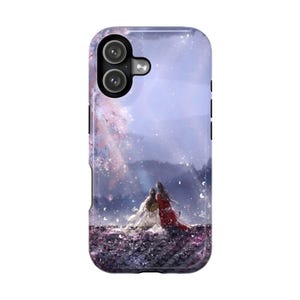 May include: A smartphone case featuring a digital illustration of two figures sitting on a dark, textured roof. One figure wears white robes and the other wears red robes. The background shows a soft, purple-toned landscape with falling petals.