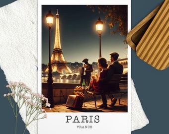 May include: A print featuring a romantic scene in Paris, France, with the Eiffel Tower illuminated in the background. A couple sits on a bench, enjoying wine, while a musician plays an accordion. The word "PARIS" is printed at the bottom.
