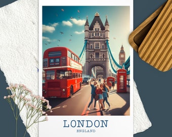 May include: A postcard featuring a vibrant image of London, England. The iconic Tower Bridge is visible, along with a red double-decker bus and red telephone booths. The word "LONDON" is printed at the bottom.