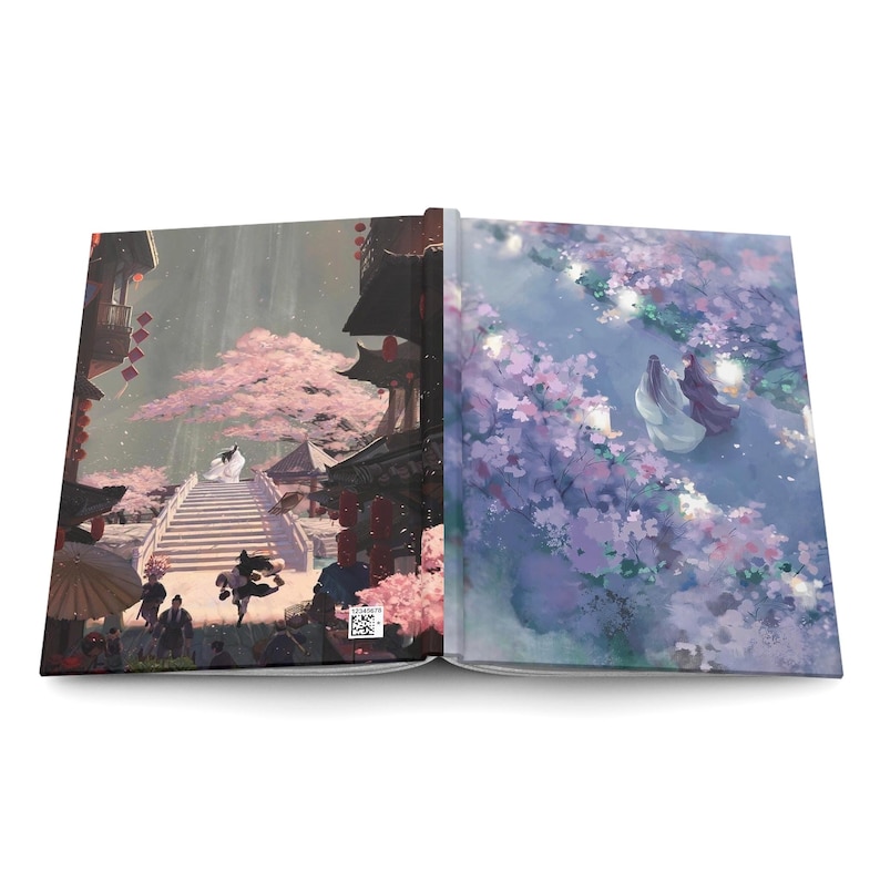 K&ouml;nnte beinhalten: Ein Hardcover-Buch mit einer umlaufenden Illustration. Das Frontcover zeigt eine Szene mit traditioneller Architektur, einer Steinbr&uuml;cke und Kirschbl&uuml;ten. Das Backcover zeigt zwei Figuren, die durch ein Feld aus lila und rosa Blumen gehen.