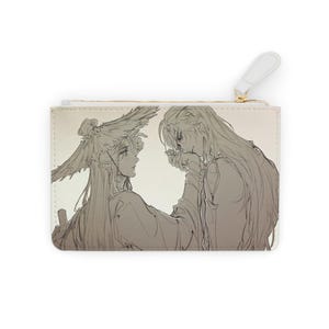 May include: A white zipped pouch with a black and white illustration of two figures in an embrace. One figure is kissing the other's hand. The pouch has a gold zip and a white pull tab.